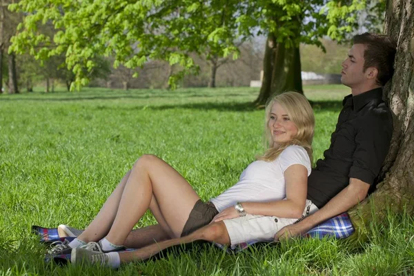 Pareja Joven Sentada Una Manta Picnic Apoyada Contra Árbol Parque — Foto de Stock