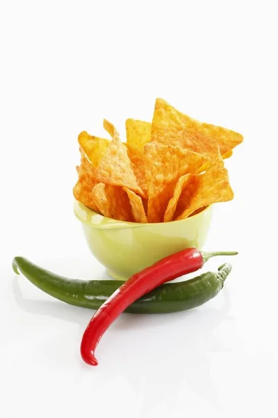 Tortilla Chips Hot Peppers Plastic Bowl — Stock Photo, Image