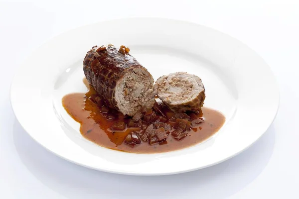 Braised Pork Roulade Stuffed Minced Meat Onion Sauce Porcelain Plate — Stock Photo, Image