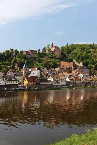 镇的看法与赫塞豪恩城堡 哥洛莎教会 会修道院和 Neckar 赫塞豪恩 Neckartal Odenwald 自然保护区 Publicground — 图库照片