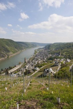 View over the wine town of Oberwesel am Rhein with the Winfried Persch winery, the Church of St. Martin and the Church of Our Dear Lady, in front of Schoenbrunn Castle, Oberwesel, Rhein-Hunsrueck district, Rhineland-Palatinate, Germany, Europe  clipart
