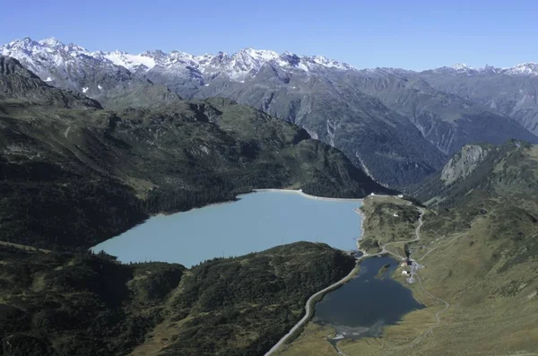 Zobacz Stausee Kops Przechowywania Jeziora Góry Zeinisjoch 1822 Górskiego Silvretta — Zdjęcie stockowe