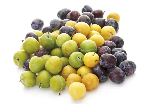 Green Purple Yellow Plums Isolated White — Stock Photo, Image