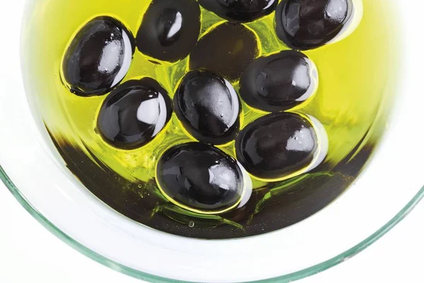 Aceitunas Negras Con Aceite Oliva Recipiente Vidrio — Foto de Stock