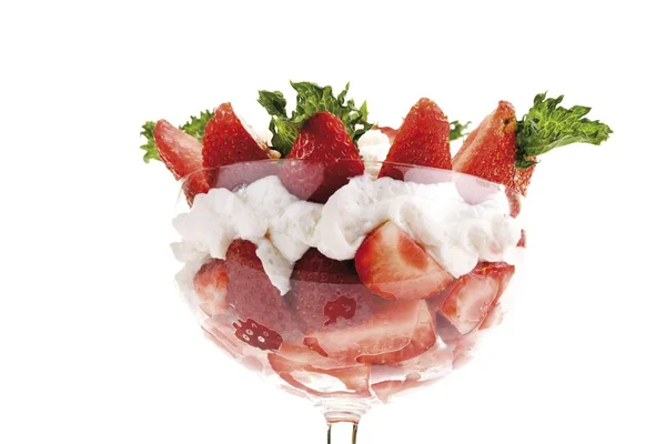 Strawberries Whipped Cream Mint Leaves Glass — Stock Photo, Image