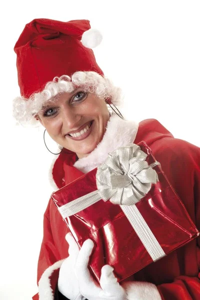 Woman Dressed Father Christmas Holding Red Parcel — Stock Photo, Image