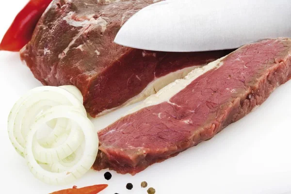 Slicing Rump Steak White Background — Stock Photo, Image