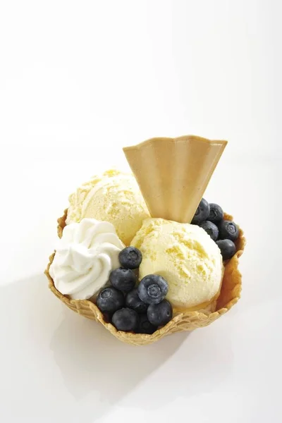 Ванильное Мороженое Черника Взбитые Сливки Вафли — стоковое фото