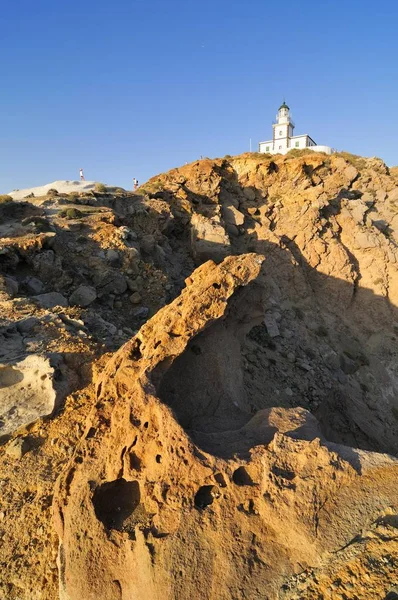 Útesy Maják Akrotiri Santorini Kyklady Řecko Evropa — Stock fotografie