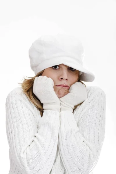 Mujer Joven Suéter Cuello Alto Blanco Aislado Blanco —  Fotos de Stock