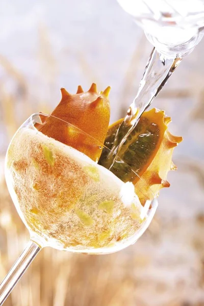 Melón Con Cuernos Kiwano Con Vino Espumoso Una Copa — Foto de Stock