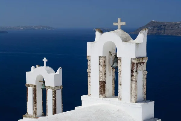 Two Bell Towers Santorin Santorini Cyclades Aegean Sea Greece Europe Stock Image