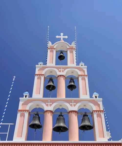 Bell tower of a Greek church with six bells, Karterados, Santorini, Cyclades, Greece, Europe