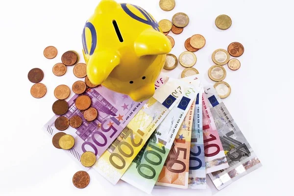 Sparschwein Mit Euro Banknoten Und Münzen — Stockfoto