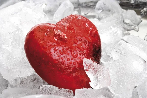 湿红的心在冰 — 图库照片