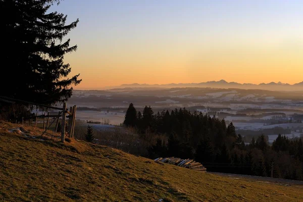 Wschód Słońca Nad Alpami Auerberg Markt Oberdorf Allgäu Bawaria Niemcy — Zdjęcie stockowe