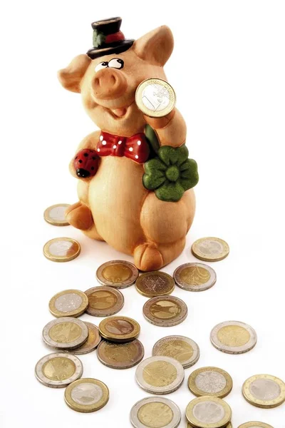 Piggy Banco Sentado Entre Moedas Euro Mudança — Fotografia de Stock