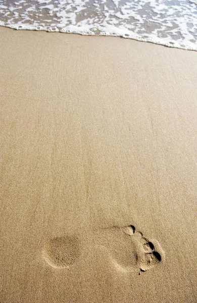 Ślad Gołe Stopy Piasku Plaży — Zdjęcie stockowe