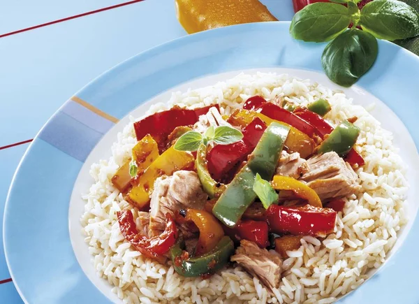 Reis Mit Thunfisch Und Paprika Salat — Stockfoto