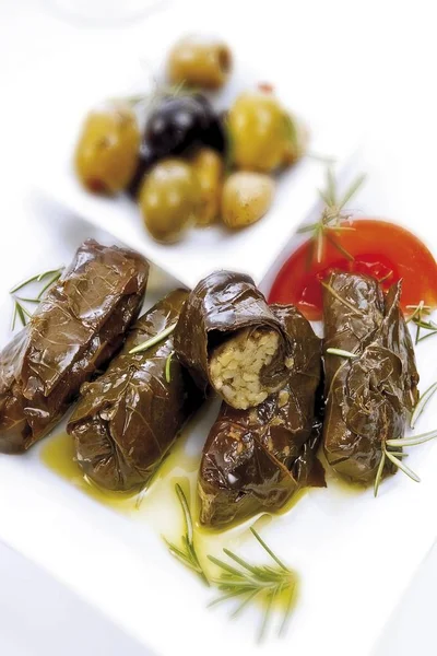 Hojas Vid Rellenas Aceite Oliva Aceitunas Romero Especialidad Griega Dolma — Foto de Stock