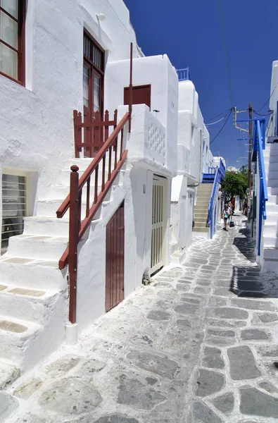 Aléia Típica Com Escadas Mykonos Cyclades Greece Europa — Fotografia de Stock