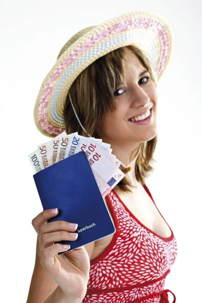 Mujer Joven Con Libreta Ahorros Aislada Sobre Fondo Blanco —  Fotos de Stock