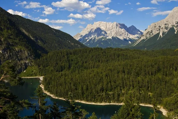 Zugspsitze Sett Över Fjällsjö Och Skogen Från Berget Fernpass Passera — Stockfoto