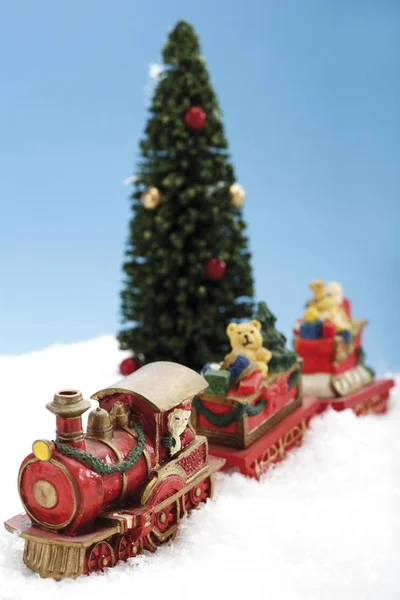Wooden Train Set Fir Tree Artificial Snow — Stock Photo, Image