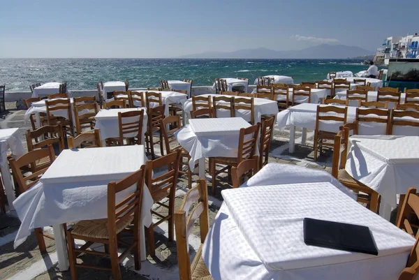 Mesas Restaurante Paseo Marítimo Mykonos Cícladas Grecia Europa — Foto de Stock