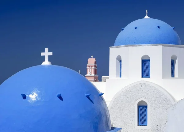 Modré Kopule Zvon Věž Kostela Oia Santorin Santorini Kyklady Řecko — Stock fotografie