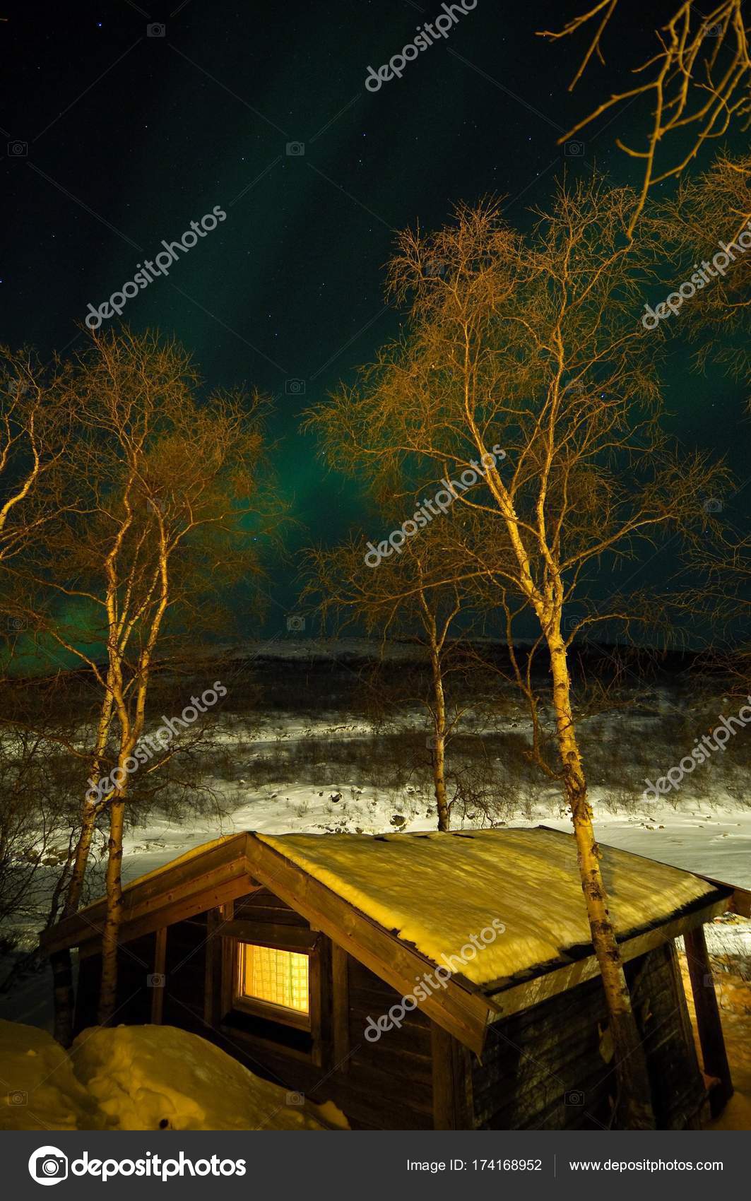 Northern Lights Aurora Borealis Log Cabin Trees Finnmark Norway