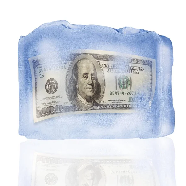 Стодолларовая Купюра Заморожена Ледяной Глыбе — стоковое фото