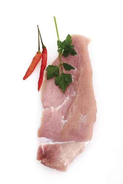 Raw Pork Schnitzel Hot Peppers Parsley — Stock Photo, Image