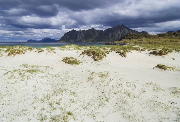 Kumlu Plaj Austvagoy Lofoten Norveç Scandinavia Avrupa Ile Kıyı Alanı — Stok fotoğraf