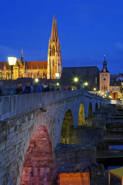 Ratisbona Puente Piedra Bruecktor Catedral Danubio Alto Palatinado Baviera Alemania — Foto de Stock