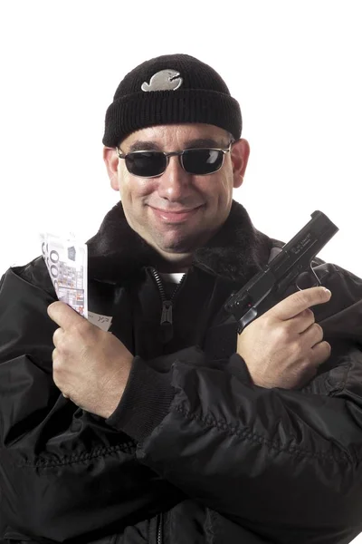 Ladrão Banco Posando Com Dinheiro Uma Arma Suas Mãos — Fotografia de Stock
