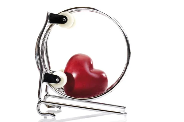 Coração Vermelho Uma Roda Hamster Isolada Branco — Fotografia de Stock