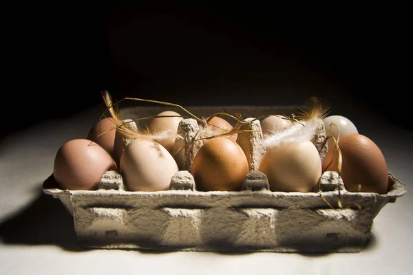 Huevos Caja Con Plumas Paja — Foto de Stock