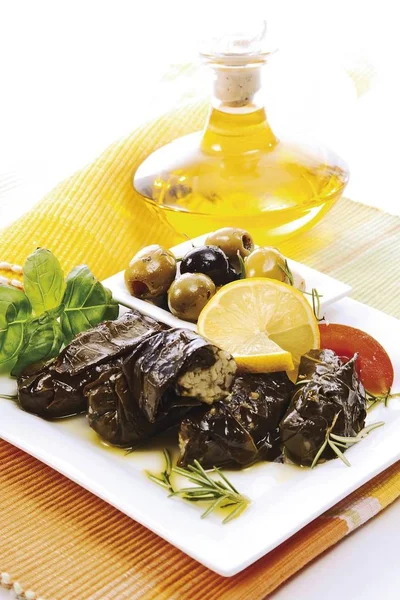 그리스 Dolmades 올리브 로즈마리 토마토 올리브유와 슬라이스 Garnished — 스톡 사진