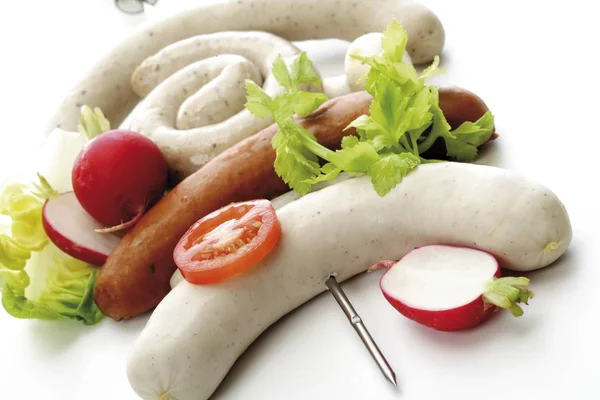 Skewered Ham Bratwursts Çeşitli Türleri Yakın Çekim — Stok fotoğraf