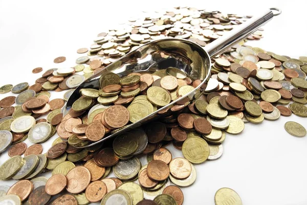 Евро Монеты Серебряной Лопатой Символ Лопаты Деньгах — стоковое фото