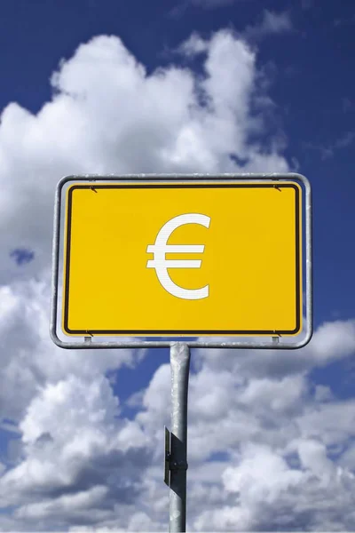 Place-name sign, Euro symbol over sky