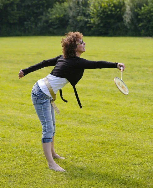 Woman Doing Sport Meadow Her Free Time Kayhude Germany Europe — Stock Photo, Image