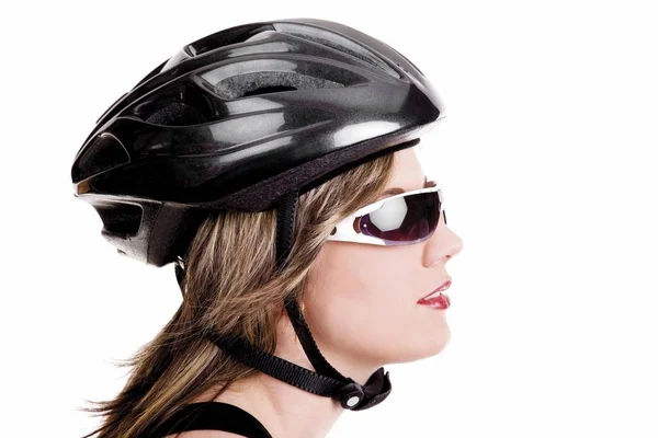 Mujer Joven Con Casco Bicicleta Aislada Sobre Fondo Blanco —  Fotos de Stock