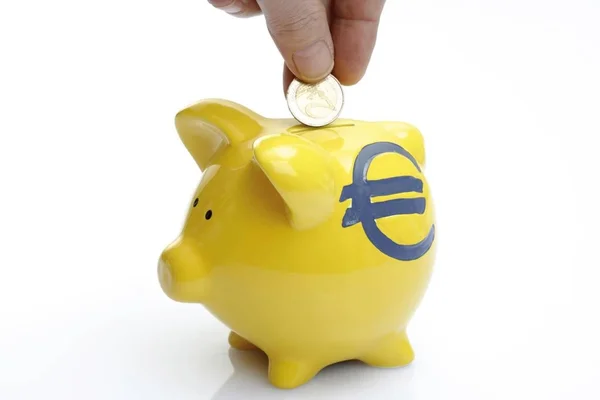 Hand Dropping Coin Piggy Bank Euro Symbol — Stock Photo, Image