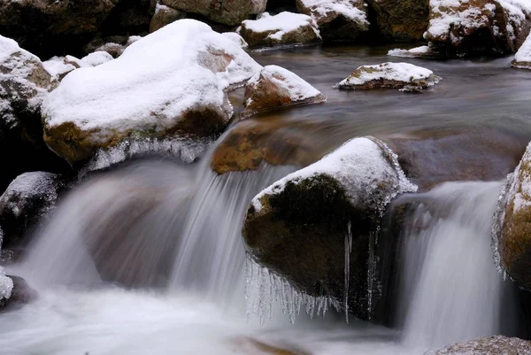 Water Flowering Ice Covered Rocks Kuhflucht Falls Farchant Bavaria Germany Stock Picture