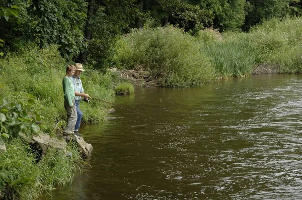 Padre Figlio Pesca Fiume Moldava Vicino Zlata Koruna Boemia Meridionale — Foto Stock