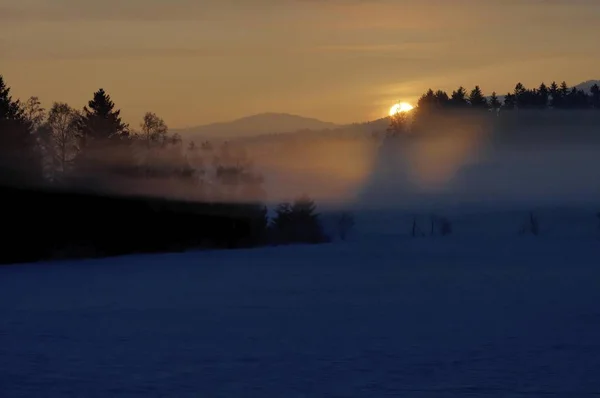 Lever Soleil Avec Brouillard Hiver — Photo