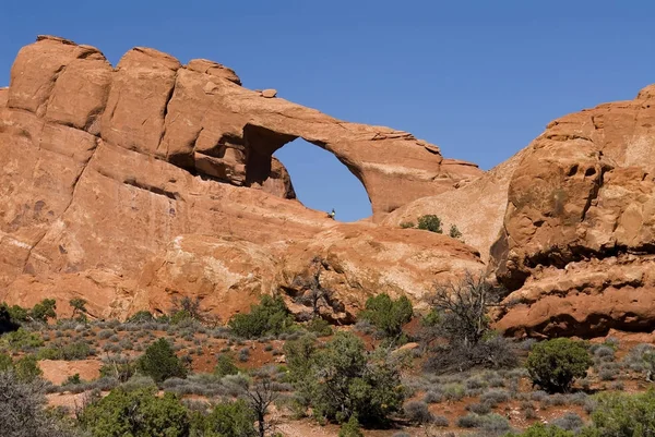 Tourist Steht Unter Skyline Bogen Arches National Park Utah Usa — Stockfoto