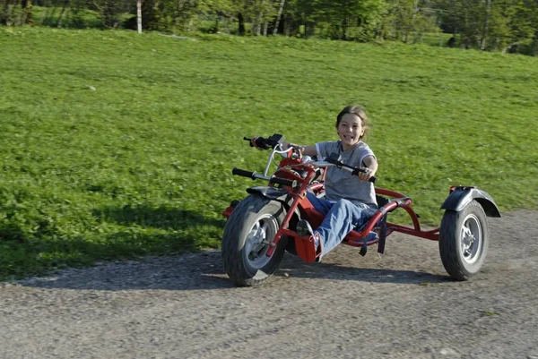 Boy Having Fun Bullcart Driving Lenggries Bavaria Germany — Stok Foto
